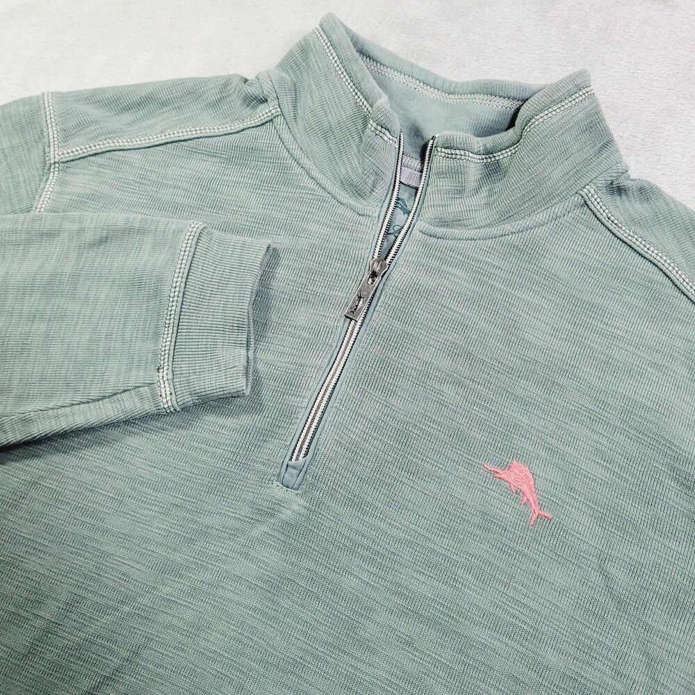 Tommy Bahama Sweater Mens XL Green 1/4 Zip Mock Neck Long Sleeve Knit Pullover